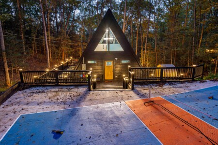 blue ridge ga a-frame cabin with private pickleball court and sauna