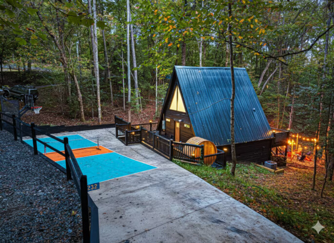 blue ridge ga a-frame cabin with private pickleball court and sauna