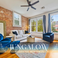 Book Jungalow, a 400 sq ft downtown Hot Springs loft on Central Avenue featuring a king bed, sleeper sofa, full kitchen, and walk-in shower.