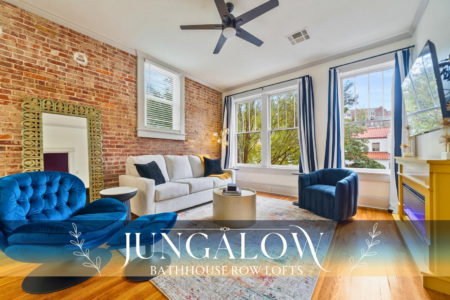 Book Jungalow, a 400 sq ft downtown Hot Springs loft on Central Avenue featuring a king bed, sleeper sofa, full kitchen, and walk-in shower.