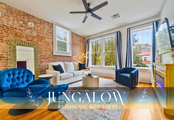 Book Jungalow, a 400 sq ft downtown Hot Springs loft on Central Avenue featuring a king bed, sleeper sofa, full kitchen, and walk-in shower.