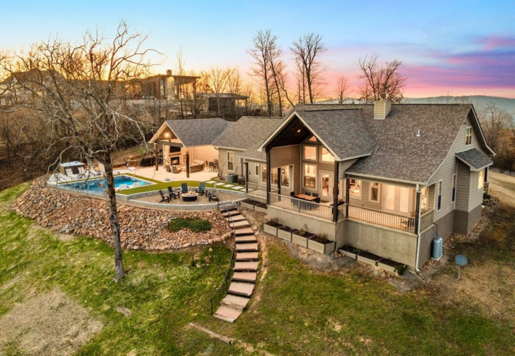 Book Pinnacle Lodge 4-bed Hot Springs lodge | Long-range mountain views, a private heated pool, hot tub, game room, and outdoor fireplace