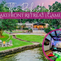 Book The Rock House on Lake Hamilton! Pet-friendly 6-bedroom rental (sleeps 16) with a pool, hot tub, 90s game room barn, private dock, and fire pit.