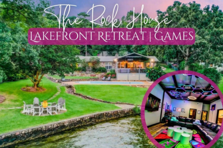 Book The Rock House on Lake Hamilton! Pet-friendly 6-bedroom rental (sleeps 16) with a pool, hot tub, 90s game room barn, private dock, and fire pit.