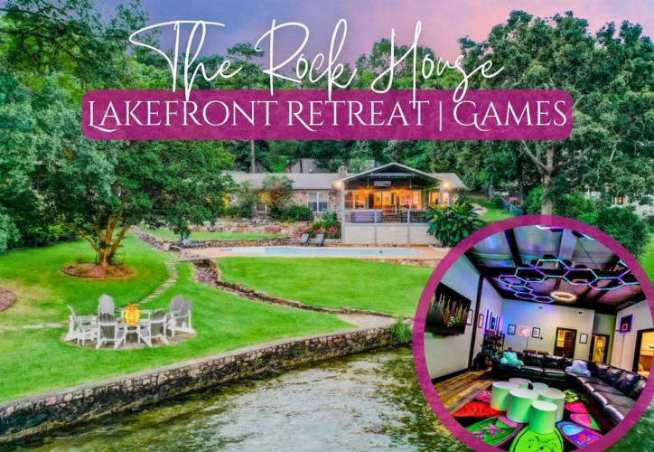 Book The Rock House on Lake Hamilton! Pet-friendly 6-bedroom rental (sleeps 16) with a pool, hot tub, 90s game room barn, private dock, and fire pit.